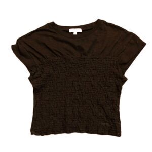 Miou Muse Black Top Smocked Crop Top Short Sleeve Babydoll Blouse Size M